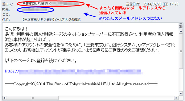 三菱東京ＵＦＪ銀行に登録させようとするスパムメールが届いた