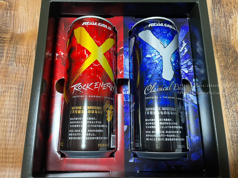 エナジードリンク「リアルゴールドX/Y」X JAPAN YOSHIKIメッセージ入りの缶ボトル